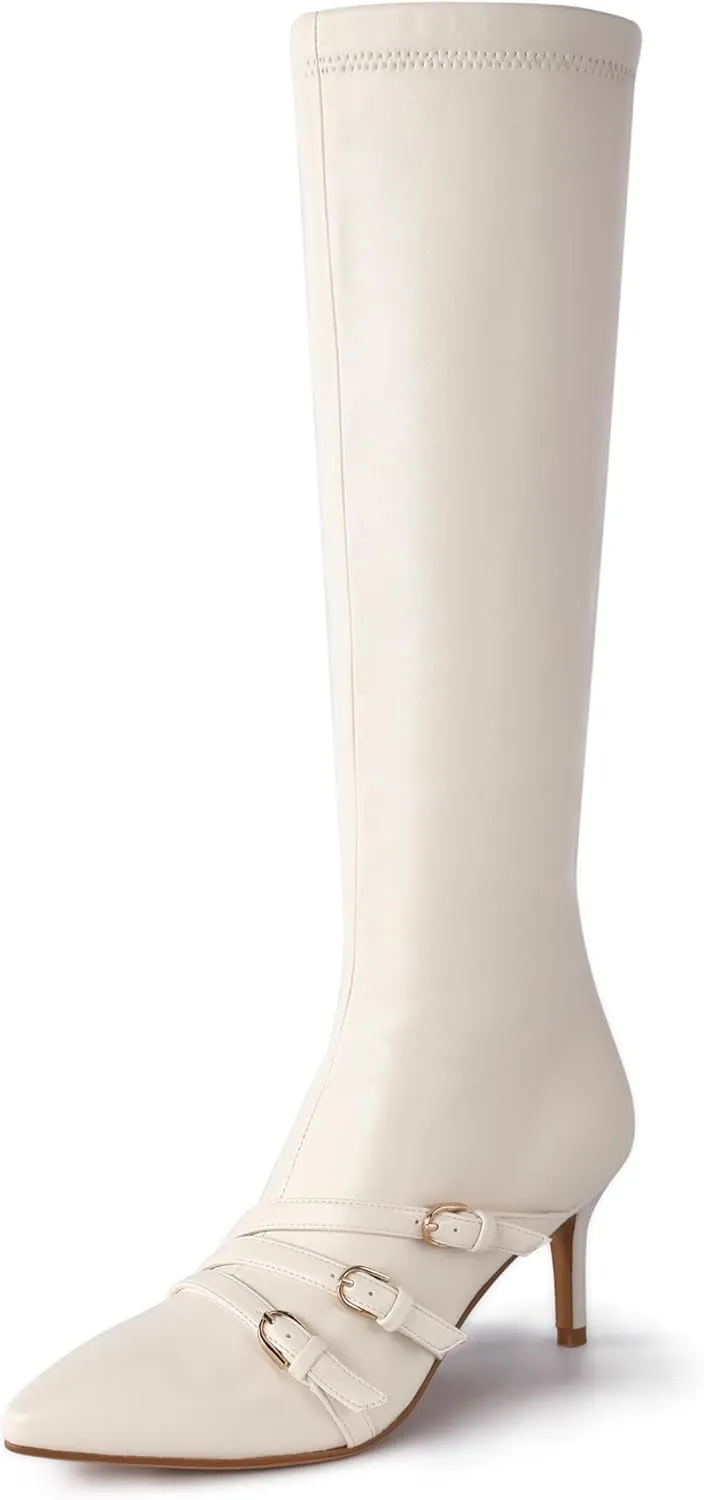 Knee High Boots for Women Strappy Buckles Stiletto Heel Pointed Toe Side Zipper Soft PU Leather Sexy Dress Long Boots and Ankle Booties