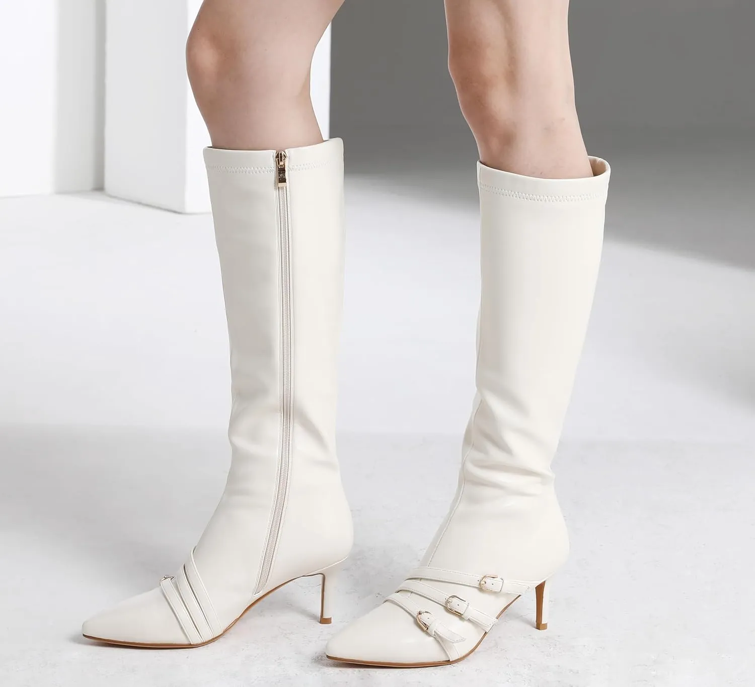 Knee High Boots for Women Strappy Buckles Stiletto Heel Pointed Toe Side Zipper Soft PU Leather Sexy Dress Long Boots and Ankle Booties