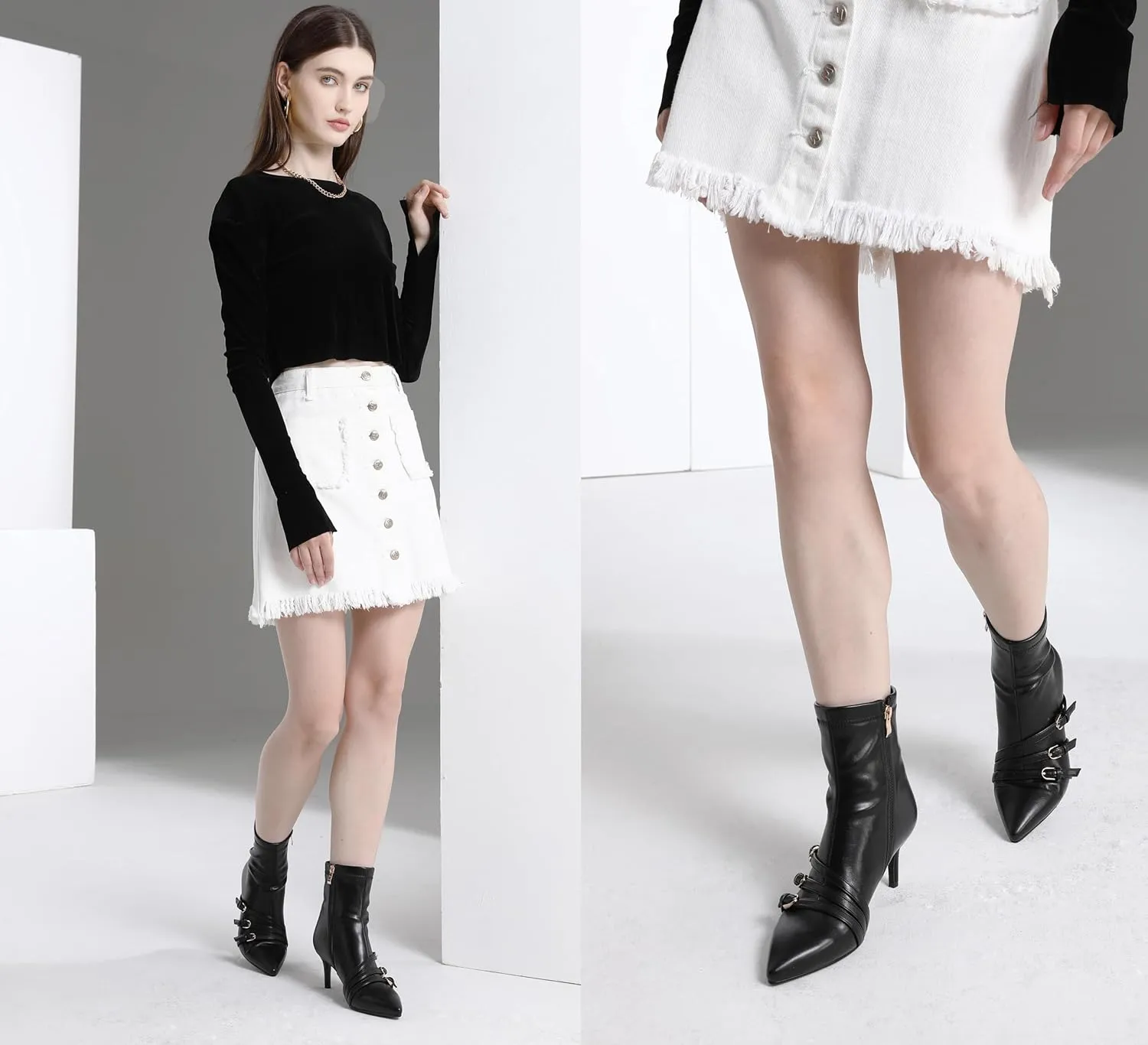 Knee High Boots for Women Strappy Buckles Stiletto Heel Pointed Toe Side Zipper Soft PU Leather Sexy Dress Long Boots and Ankle Booties
