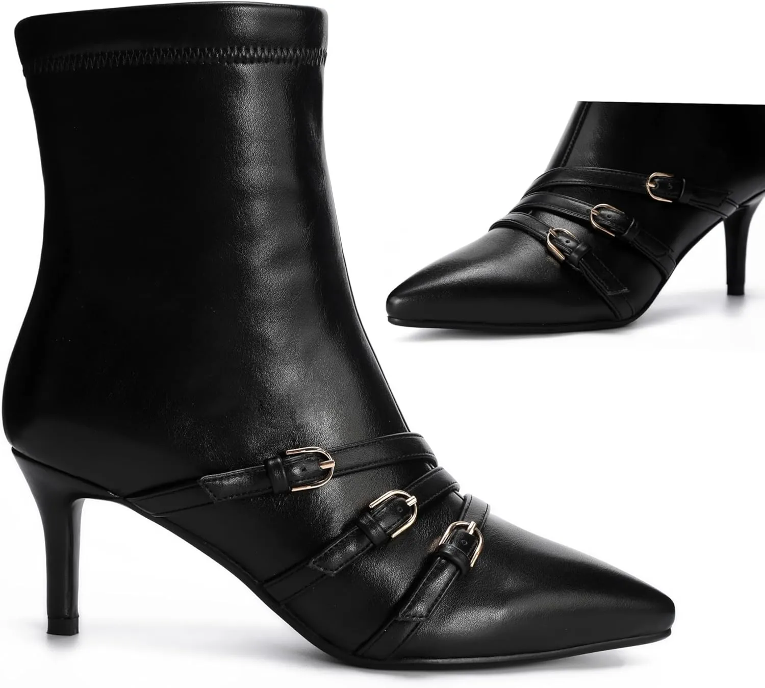 Knee High Boots for Women Strappy Buckles Stiletto Heel Pointed Toe Side Zipper Soft PU Leather Sexy Dress Long Boots and Ankle Booties