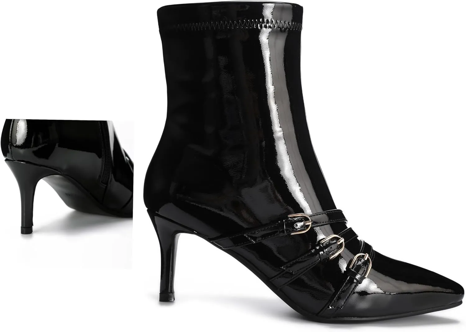 Knee High Boots for Women Strappy Buckles Stiletto Heel Pointed Toe Side Zipper Soft PU Leather Sexy Dress Long Boots and Ankle Booties