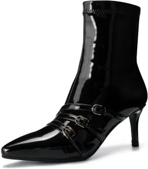 Knee High Boots for Women Strappy Buckles Stiletto Heel Pointed Toe Side Zipper Soft PU Leather Sexy Dress Long Boots and Ankle Booties