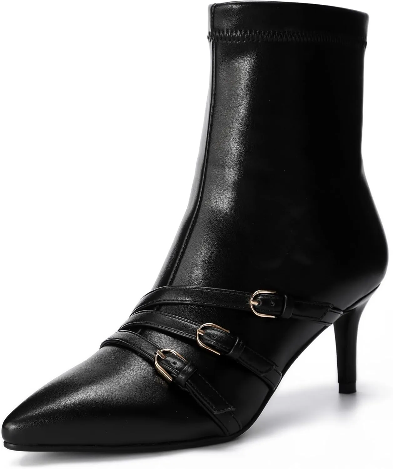 Knee High Boots for Women Strappy Buckles Stiletto Heel Pointed Toe Side Zipper Soft PU Leather Sexy Dress Long Boots and Ankle Booties