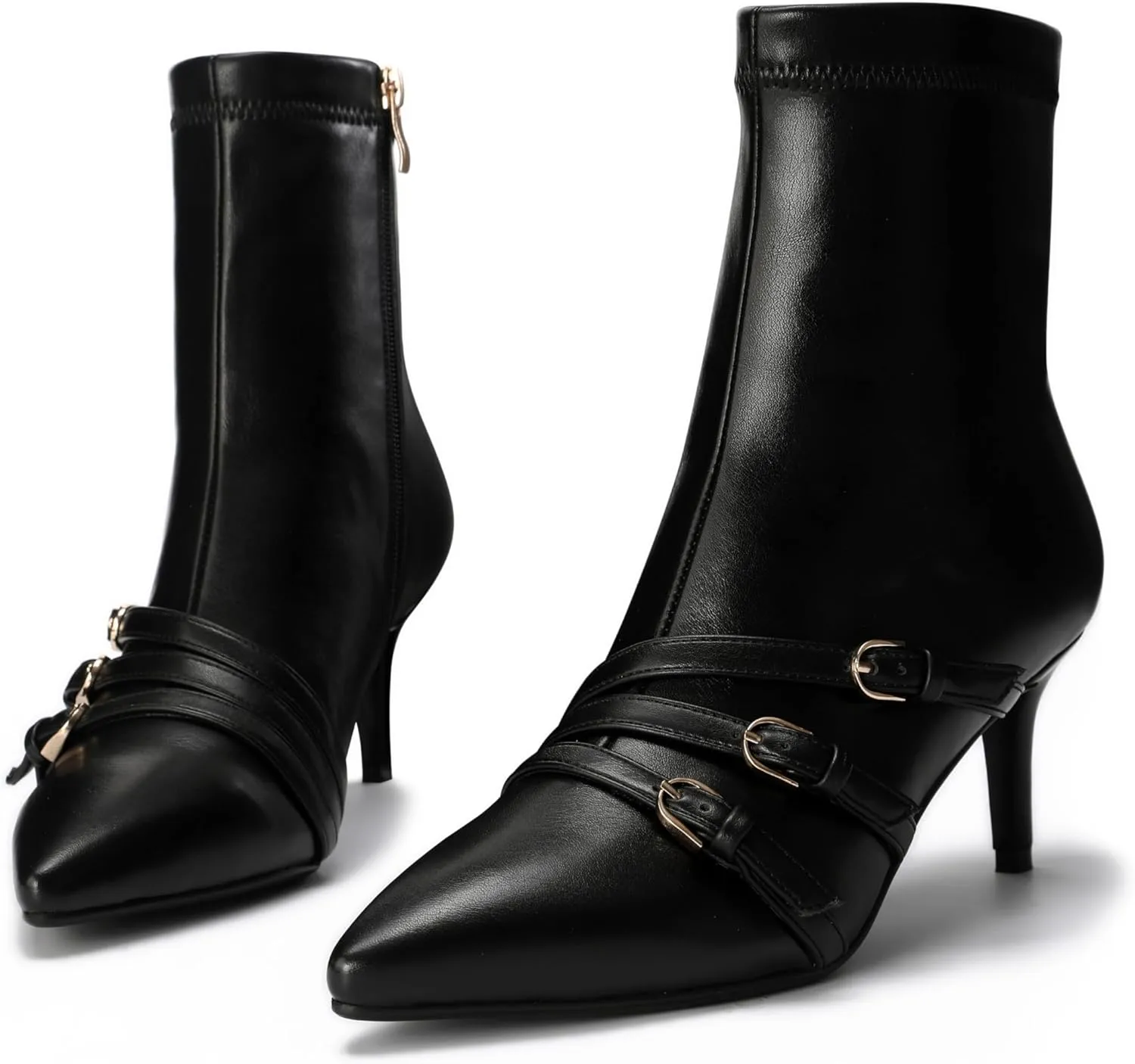 Knee High Boots for Women Strappy Buckles Stiletto Heel Pointed Toe Side Zipper Soft PU Leather Sexy Dress Long Boots and Ankle Booties