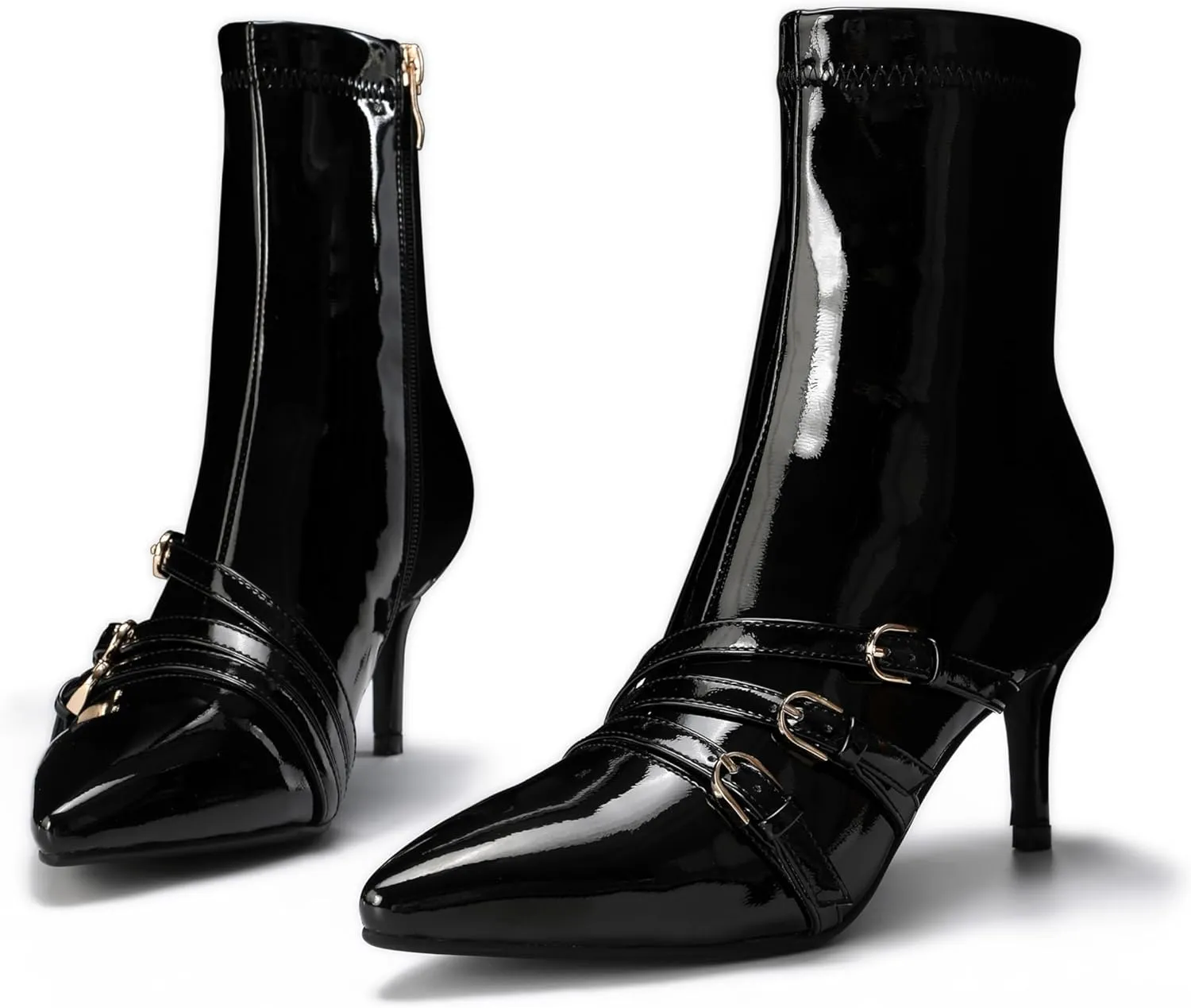 Knee High Boots for Women Strappy Buckles Stiletto Heel Pointed Toe Side Zipper Soft PU Leather Sexy Dress Long Boots and Ankle Booties