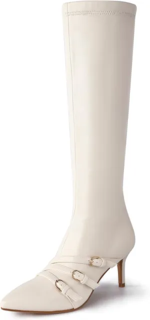 Knee High Boots for Women Strappy Buckles Stiletto Heel Pointed Toe Side Zipper Soft PU Leather Sexy Dress Long Boots and Ankle Booties