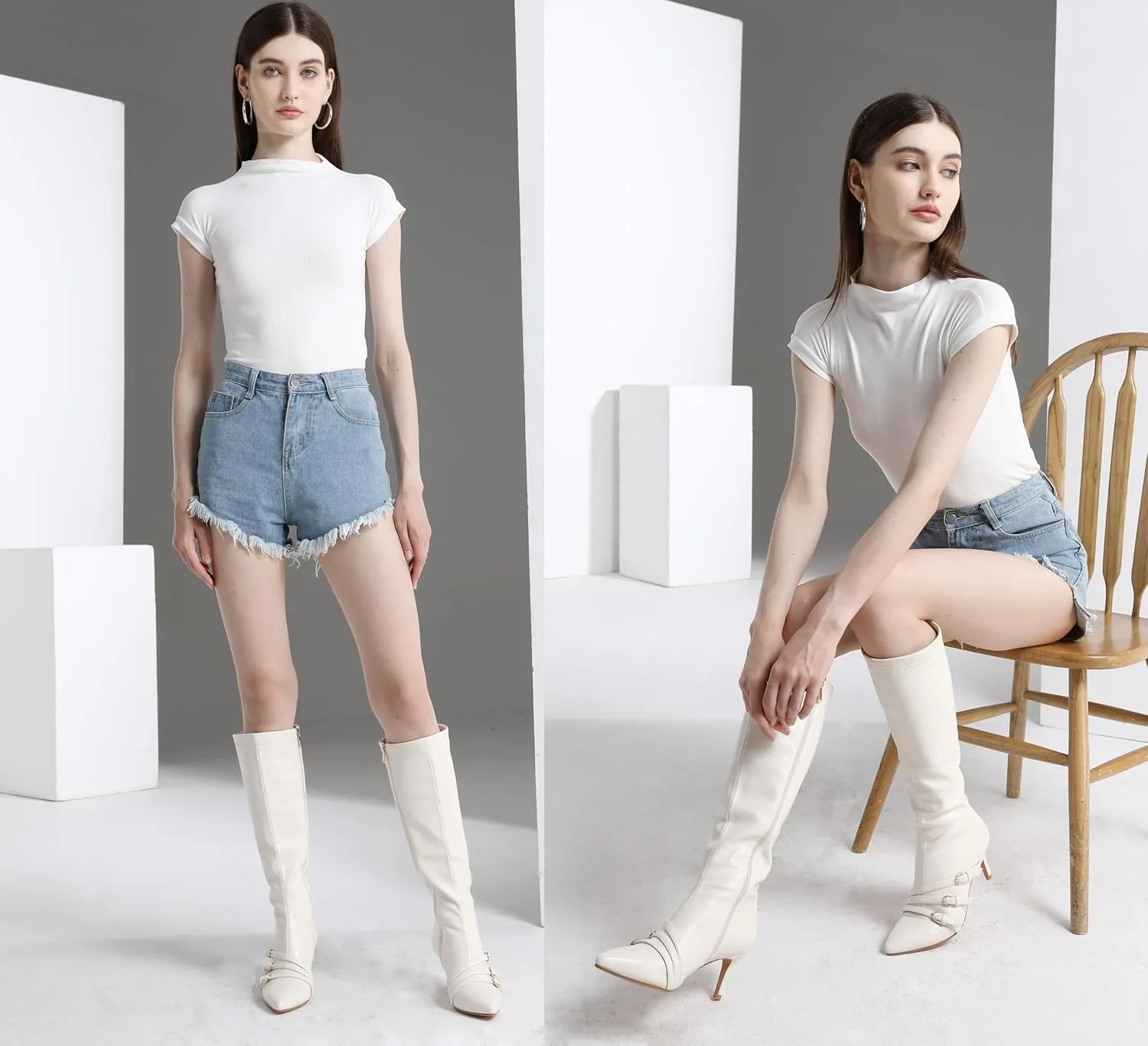 Knee High Boots for Women Strappy Buckles Stiletto Heel Pointed Toe Side Zipper Soft PU Leather Sexy Dress Long Boots and Ankle Booties