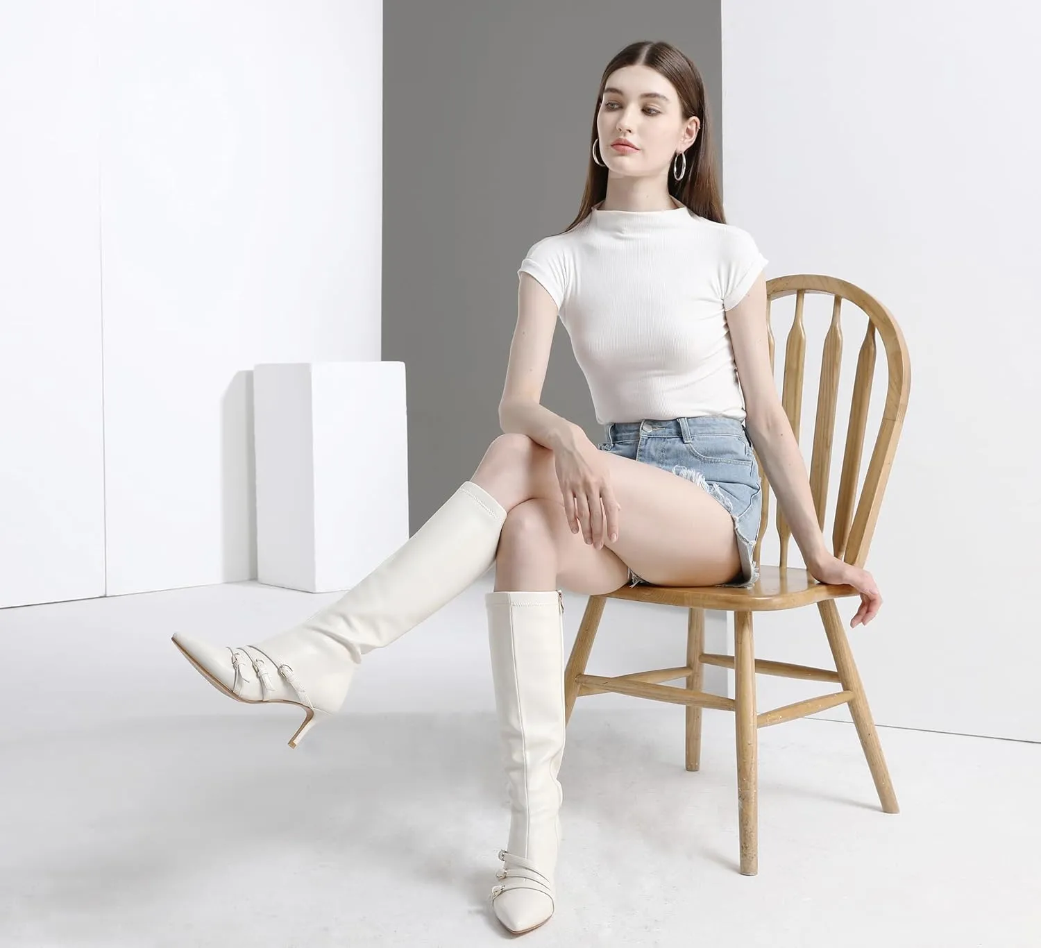 Knee High Boots for Women Strappy Buckles Stiletto Heel Pointed Toe Side Zipper Soft PU Leather Sexy Dress Long Boots and Ankle Booties