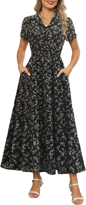 Kranda Women 2025 Summer Collared V Neck Short Sleeve Button Down Chiffon Long Tiered Floral Maxi Dress with Pockets