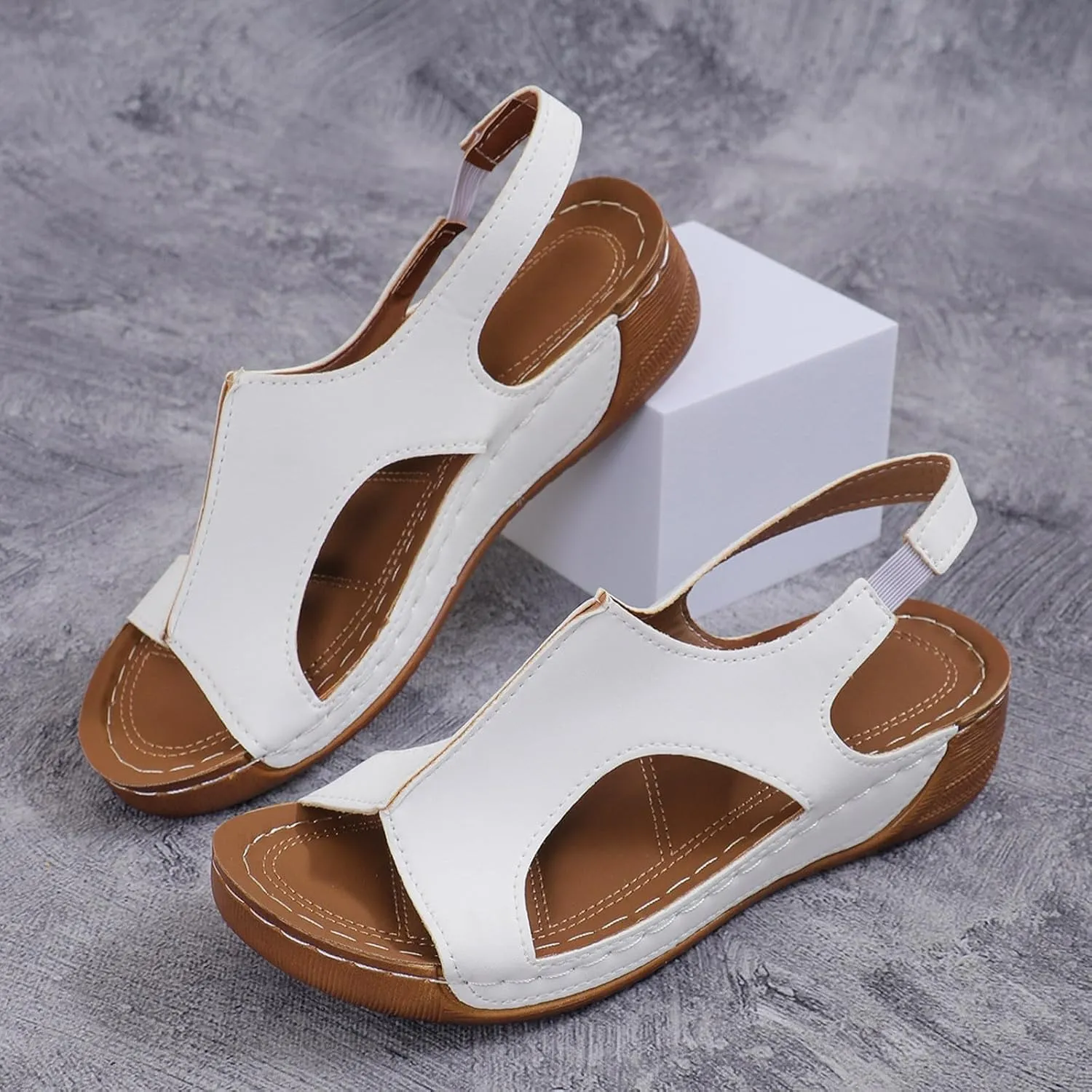 Ladies Summer Retro Pure Colour Leather Slope Heel Thick Bottom Large Size Set Foot Rhinestone Slide Sandals for Women