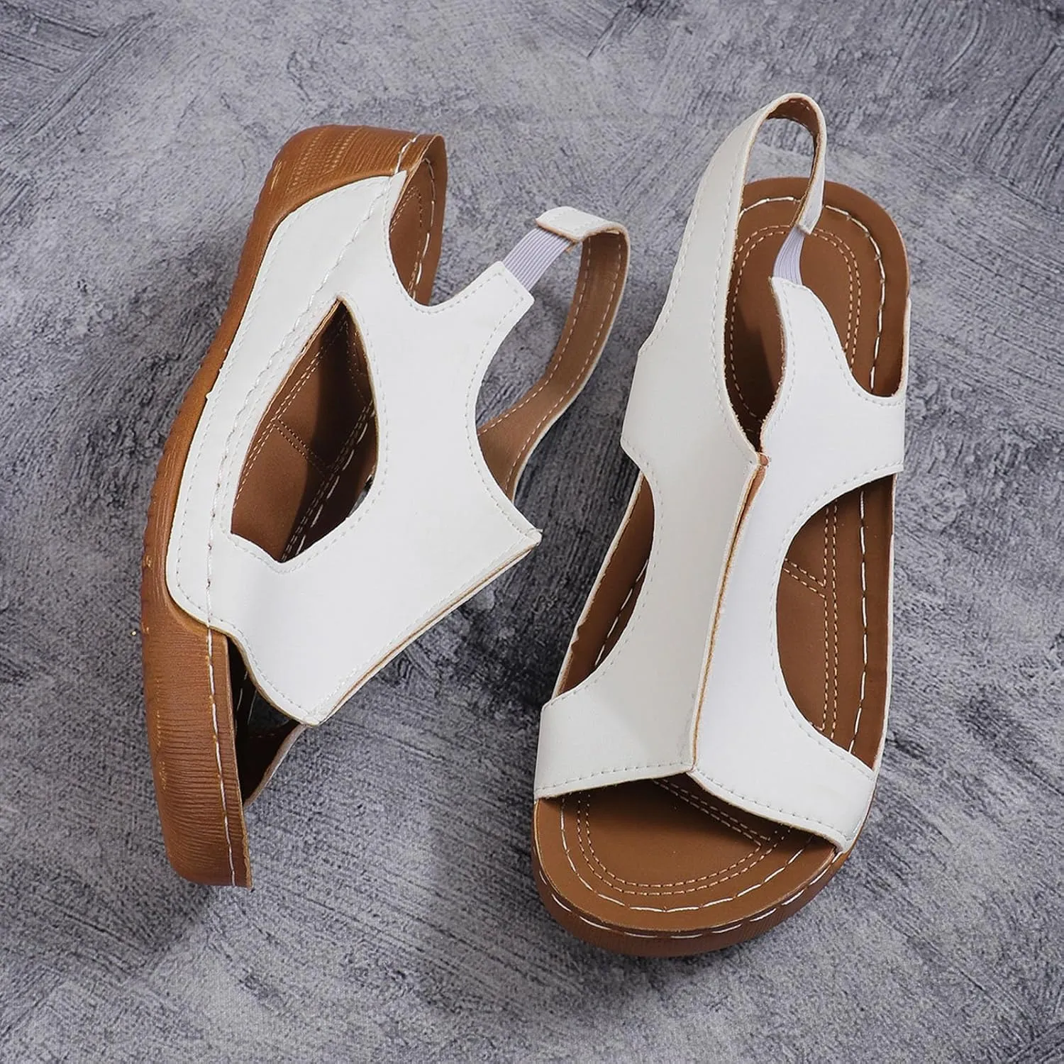 Ladies Summer Retro Pure Colour Leather Slope Heel Thick Bottom Large Size Set Foot Rhinestone Slide Sandals for Women