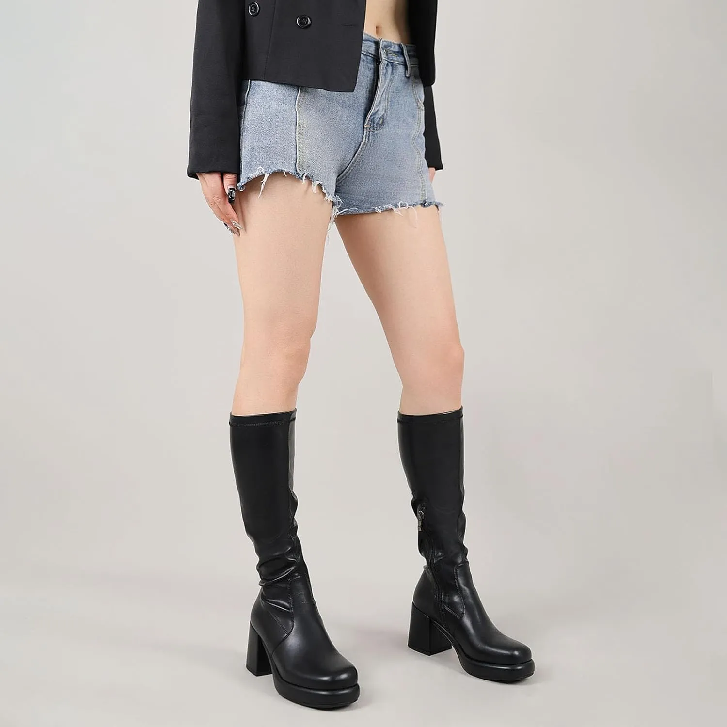 LanreyTaley Women's Knee-High Black Leather Boots with Chunky Platform Heels and Zipper Closure