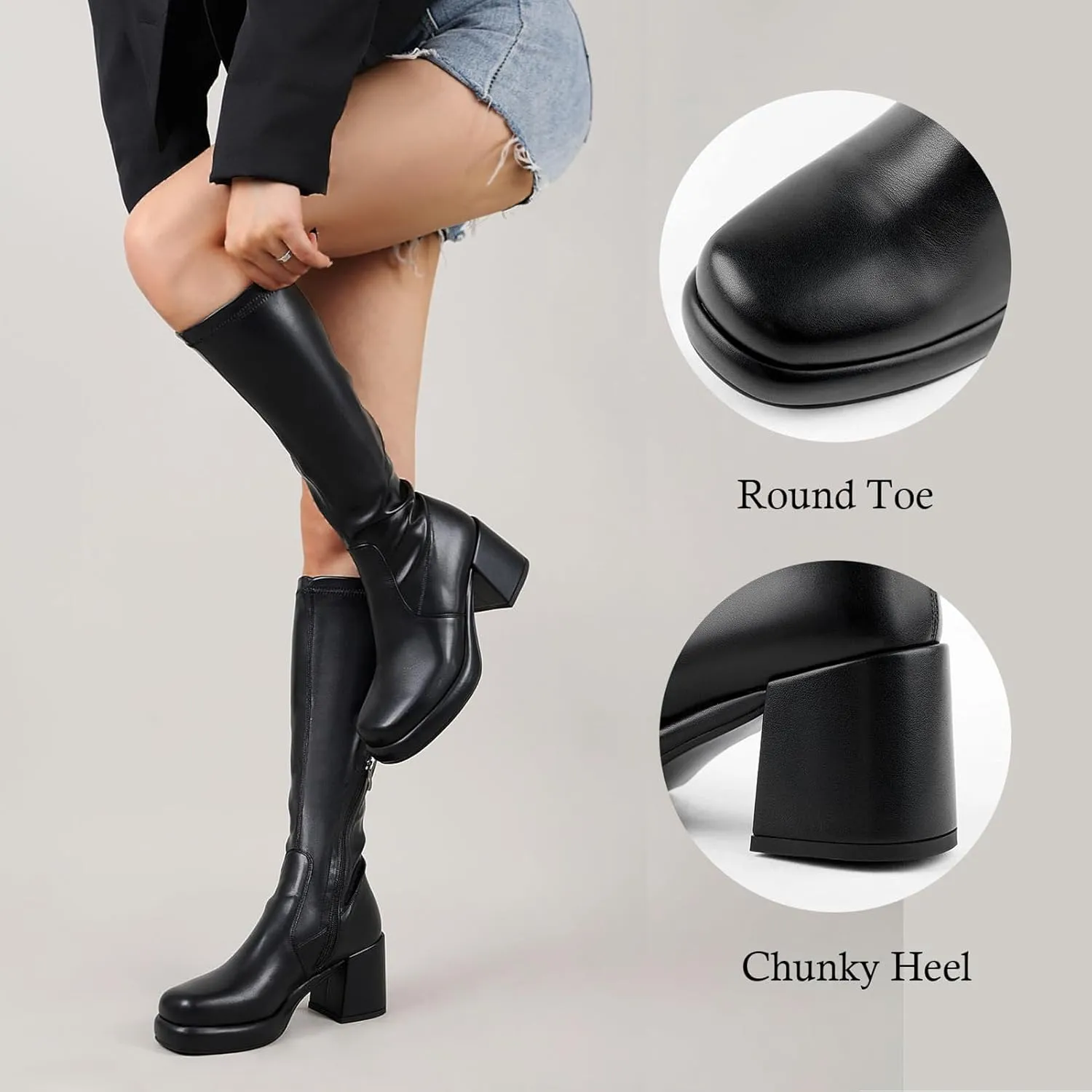 LanreyTaley Women's Knee-High Black Leather Boots with Chunky Platform Heels and Zipper Closure