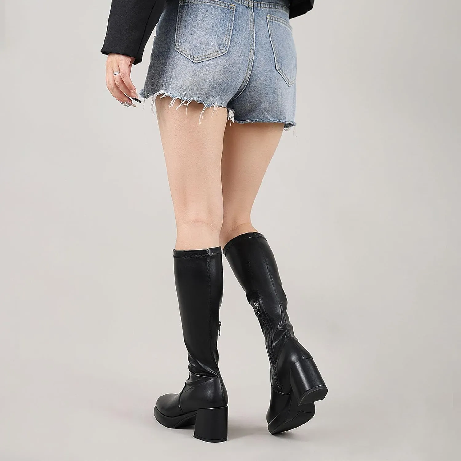 LanreyTaley Women's Knee-High Black Leather Boots with Chunky Platform Heels and Zipper Closure