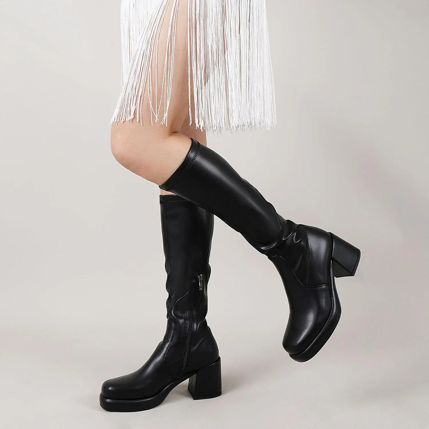 LanreyTaley Women's Knee-High Black Leather Boots with Chunky Platform Heels and Zipper Closure