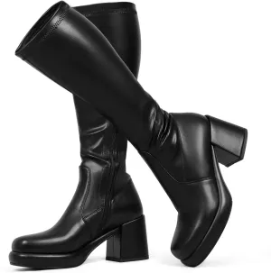 LanreyTaley Women's Knee-High Black Leather Boots with Chunky Platform Heels and Zipper Closure