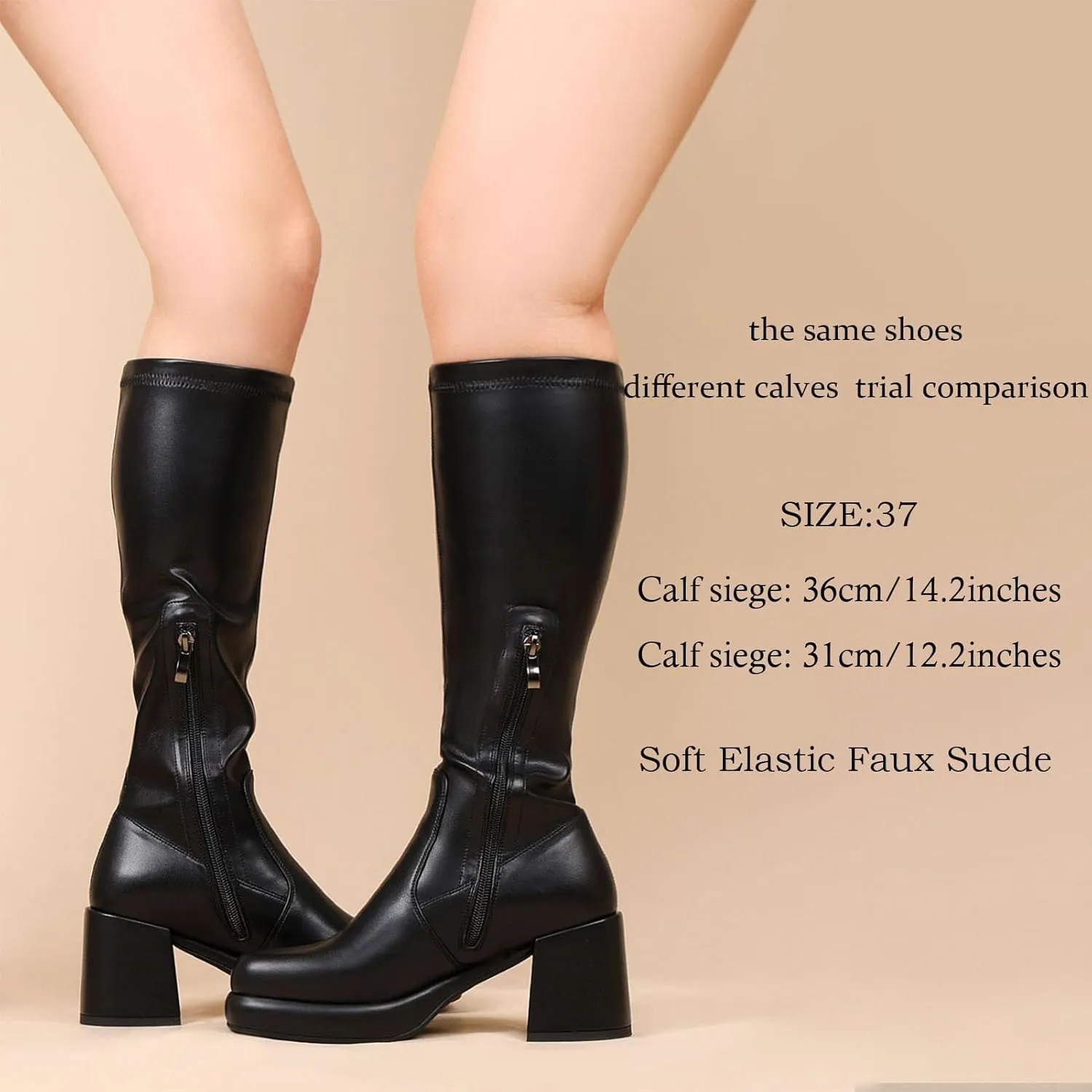 LanreyTaley Women's Knee-High Black Leather Boots with Chunky Platform Heels and Zipper Closure