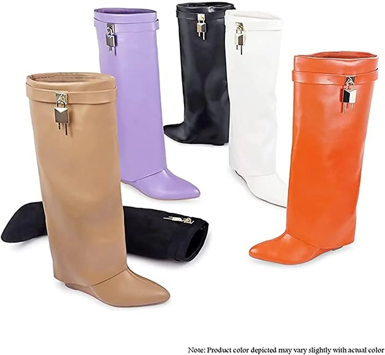 Liliana Women Fold Over Knee High Boots Wedge Heel Padlock Pull-on Boots MUTTO-1