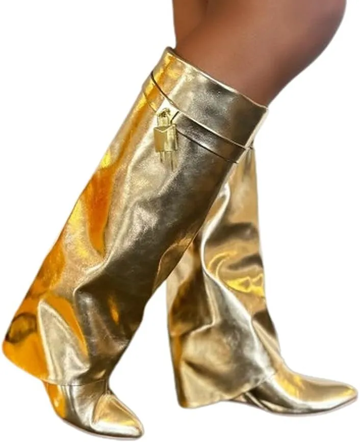 Liliana Women Fold Over Knee High Boots Wedge Heel Padlock Pull-on Boots MUTTO-1