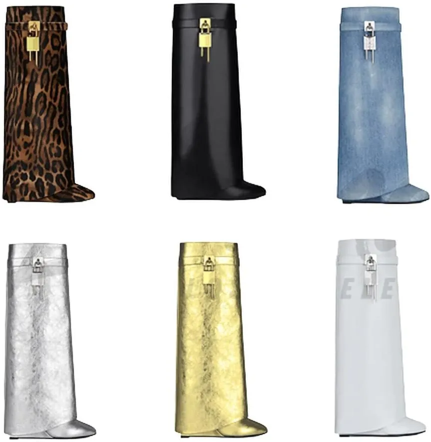 Liliana Women Fold Over Knee High Boots Wedge Heel Padlock Pull-on Boots MUTTO-1