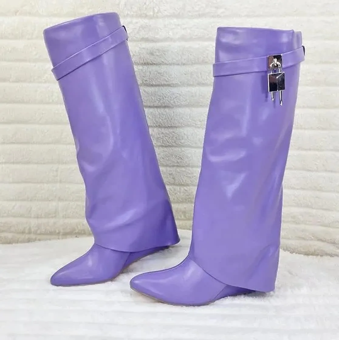 Liliana Women Fold Over Knee High Boots Wedge Heel Padlock Pull-on Boots MUTTO-1