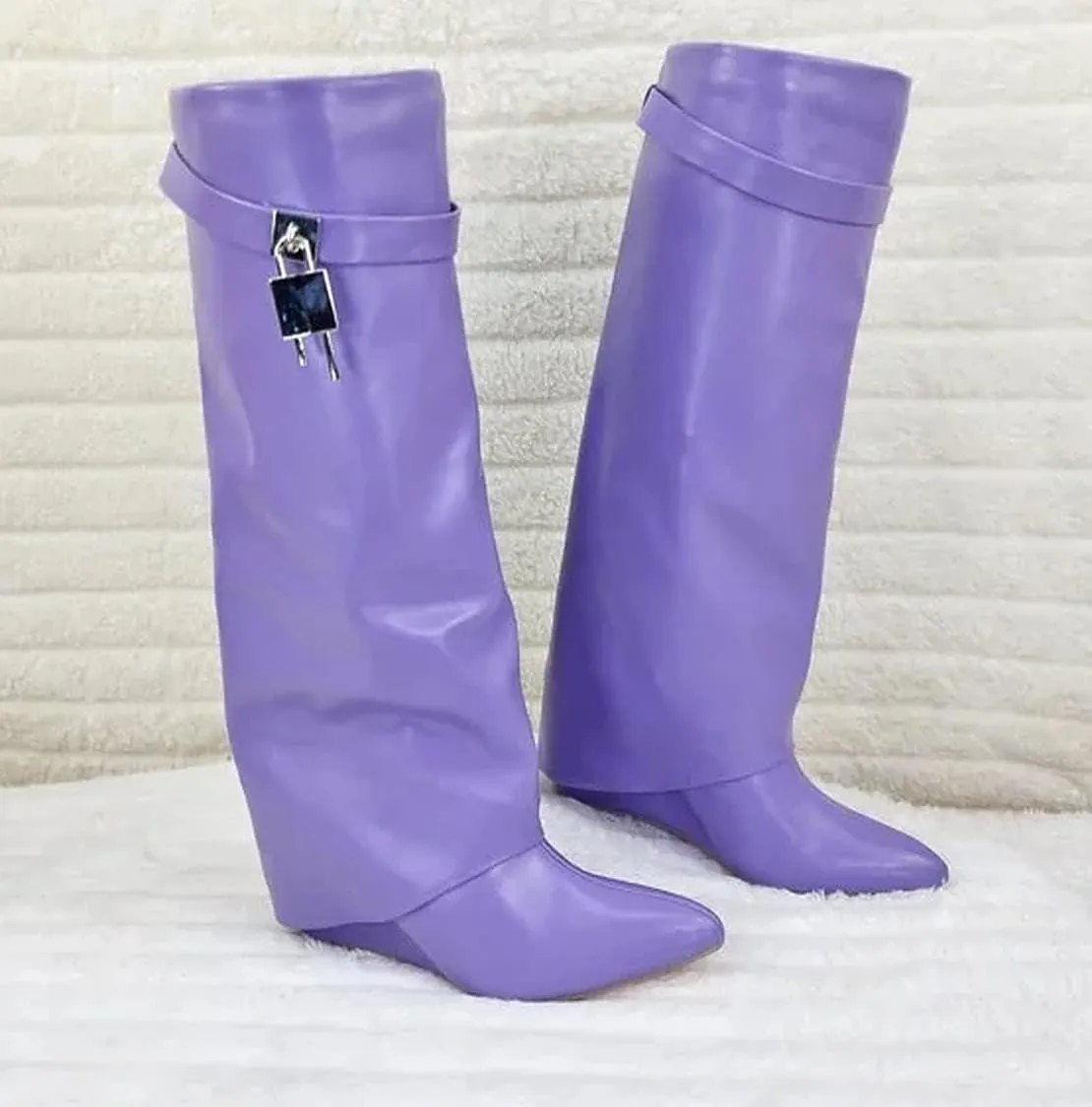 Liliana Women Fold Over Knee High Boots Wedge Heel Padlock Pull-on Boots MUTTO-1