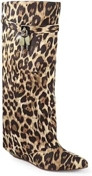 Liliana Women Fold Over Knee High Boots Wedge Heel Padlock Pull-on Boots MUTTO-1