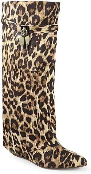 Liliana Women Fold Over Knee High Boots Wedge Heel Padlock Pull-on Boots MUTTO-1