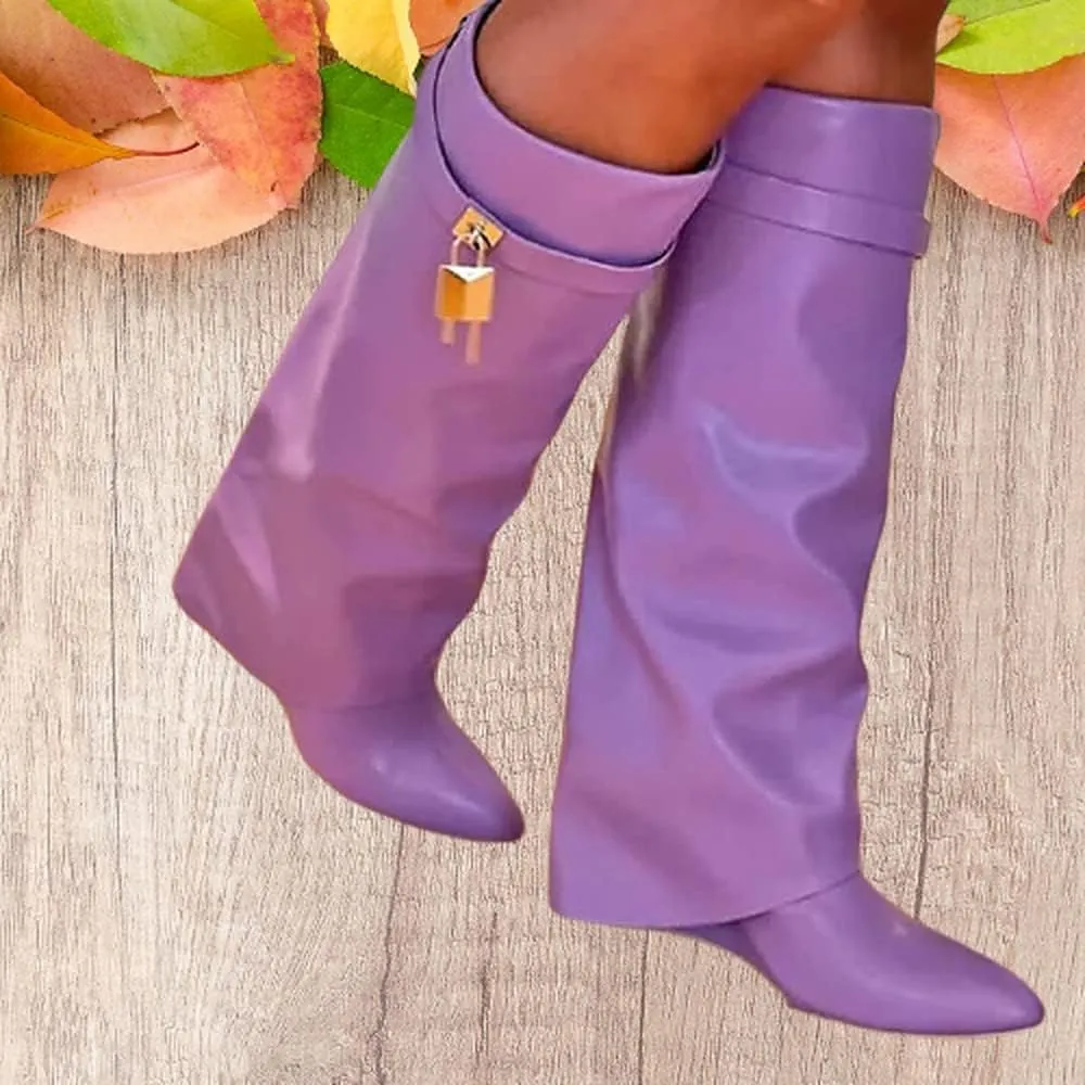Liliana Women Fold Over Knee High Boots Wedge Heel Padlock Pull-on Boots MUTTO-1