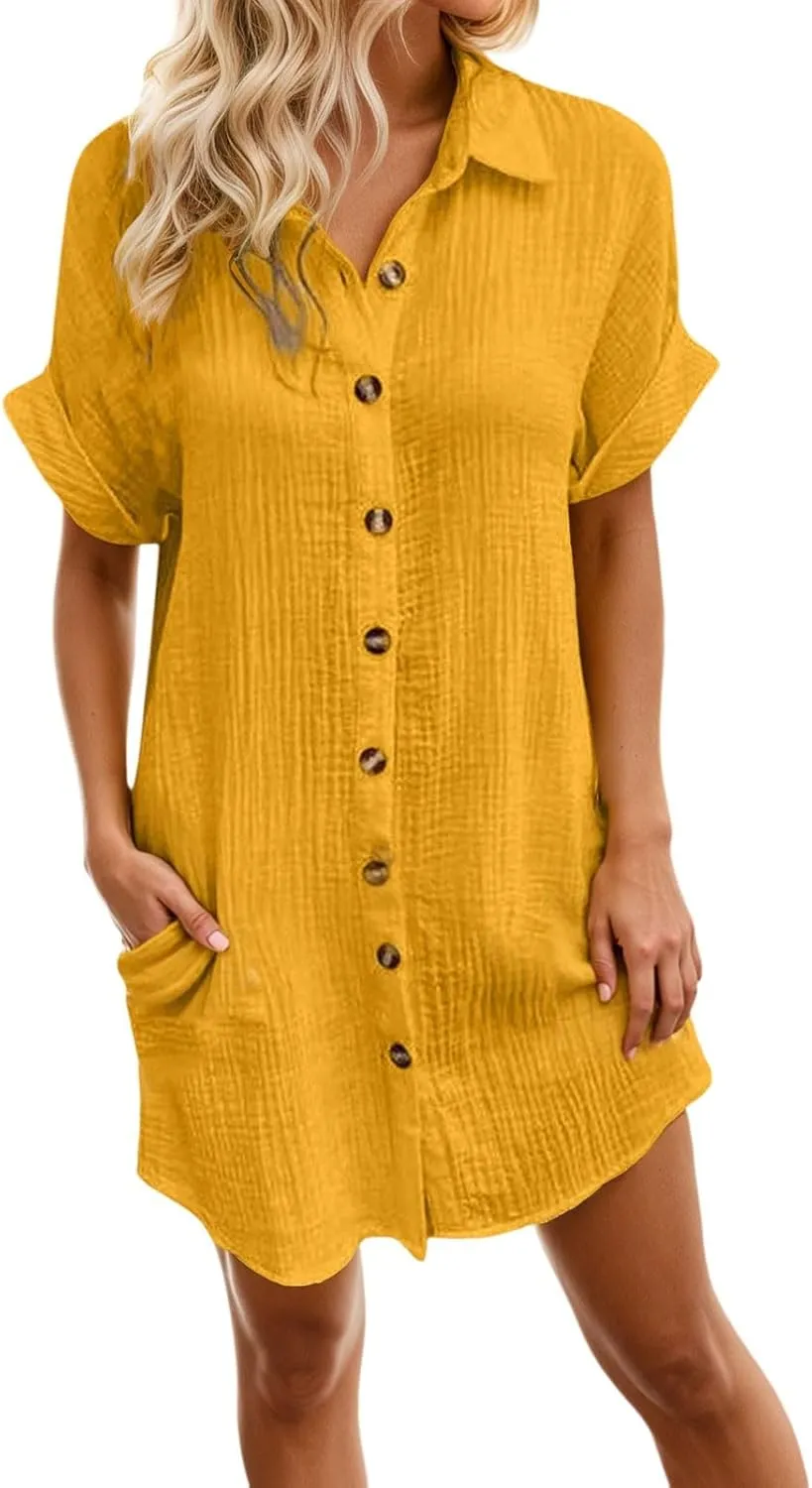 Linen Dresses for Women 2025 V Neck Button Down Shirts Dress Casual Short Sleeve Vacation Beach Tunic Sundress Pockets