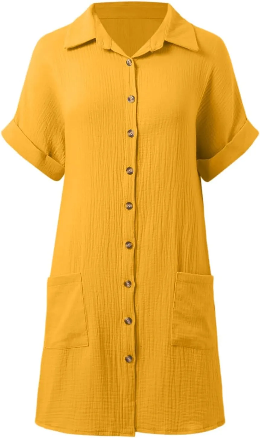 Linen Dresses for Women 2025 V Neck Button Down Shirts Dress Casual Short Sleeve Vacation Beach Tunic Sundress Pockets