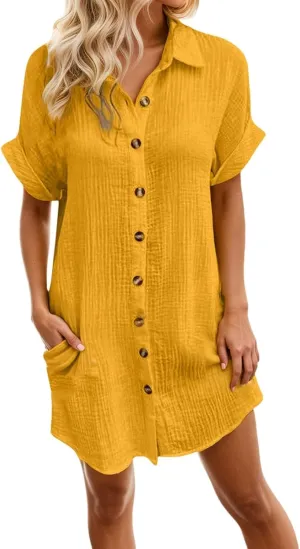 Linen Dresses for Women 2025 V Neck Button Down Shirts Dress Casual Short Sleeve Vacation Beach Tunic Sundress Pockets