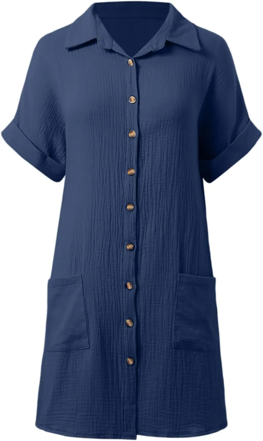 Linen Dresses for Women 2025 V Neck Button Down Shirts Dress Casual Short Sleeve Vacation Beach Tunic Sundress Pockets