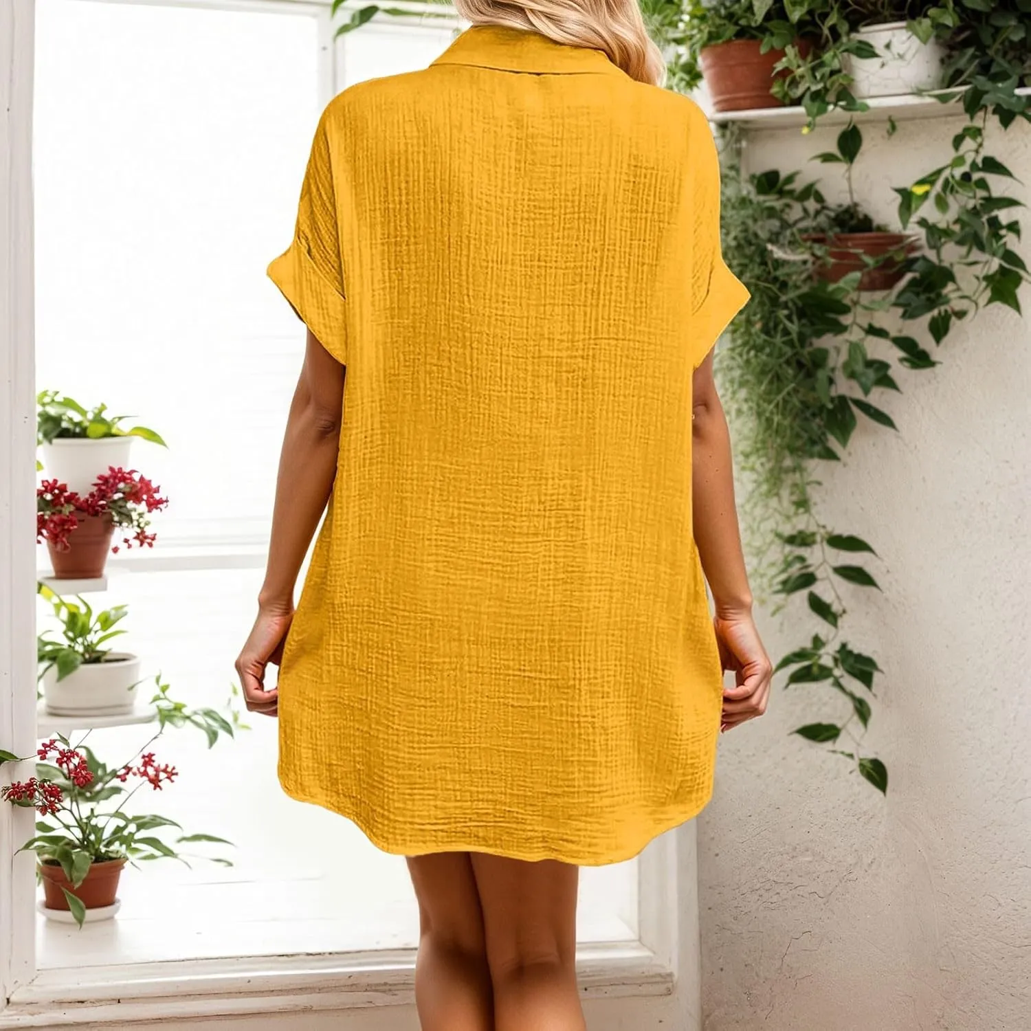 Linen Dresses for Women 2025 V Neck Button Down Shirts Dress Casual Short Sleeve Vacation Beach Tunic Sundress Pockets