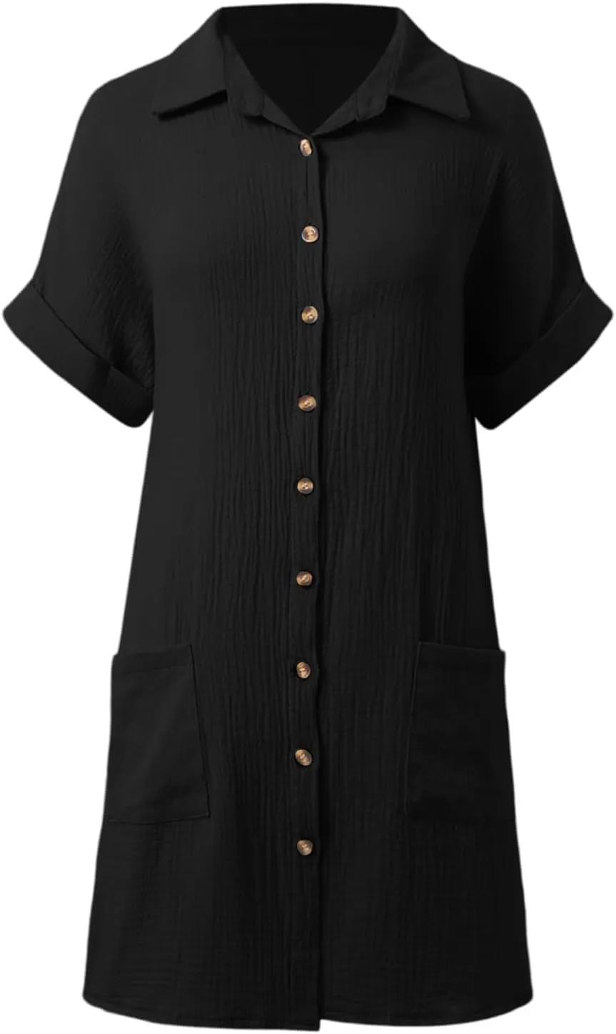 Linen Dresses for Women 2025 V Neck Button Down Shirts Dress Casual Short Sleeve Vacation Beach Tunic Sundress Pockets