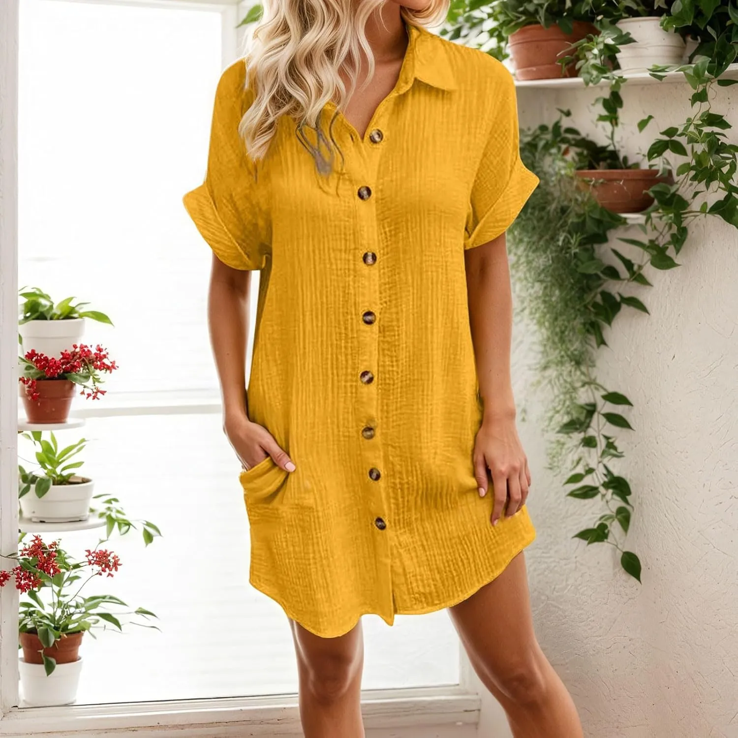 Linen Dresses for Women 2025 V Neck Button Down Shirts Dress Casual Short Sleeve Vacation Beach Tunic Sundress Pockets
