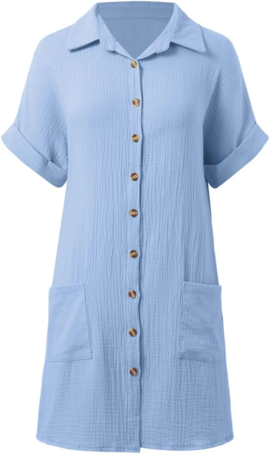 Linen Dresses for Women 2025 V Neck Button Down Shirts Dress Casual Short Sleeve Vacation Beach Tunic Sundress Pockets