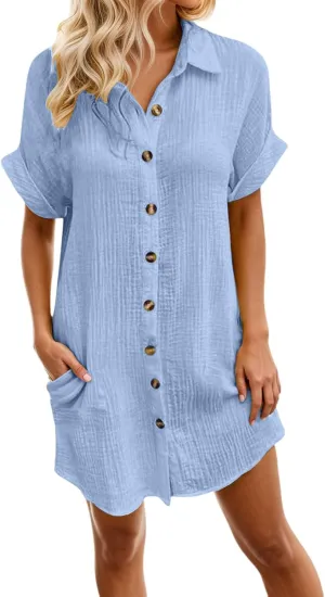 Linen Dresses for Women 2025 V Neck Button Down Shirts Dress Casual Short Sleeve Vacation Beach Tunic Sundress Pockets