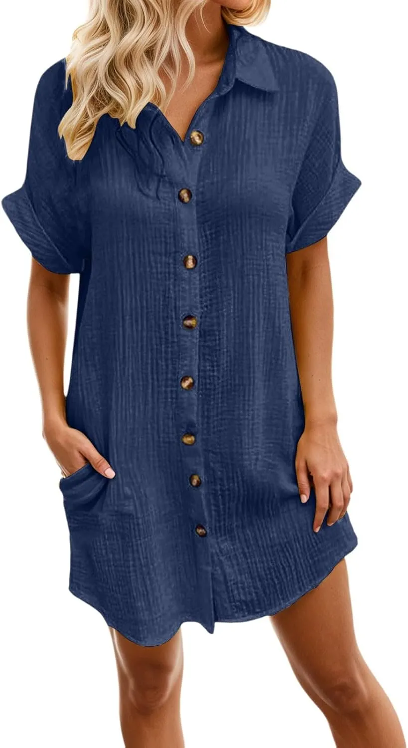Linen Dresses for Women 2025 V Neck Button Down Shirts Dress Casual Short Sleeve Vacation Beach Tunic Sundress Pockets