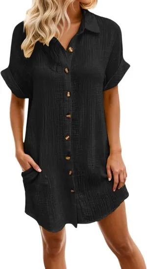 Linen Dresses for Women 2025 V Neck Button Down Shirts Dress Casual Short Sleeve Vacation Beach Tunic Sundress Pockets