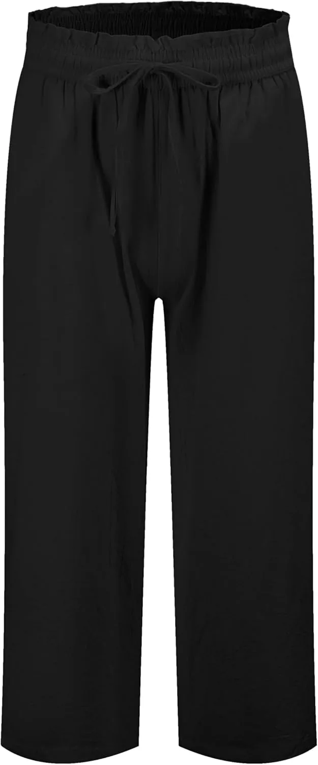 LNX Womens Linen Pants High Waisted Wide Leg Drawstring Casual Loose Trousers with Pockets