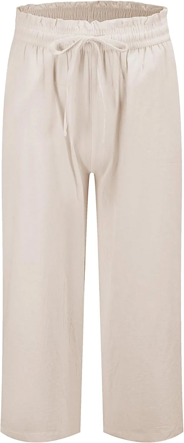 LNX Womens Linen Pants High Waisted Wide Leg Drawstring Casual Loose Trousers with Pockets