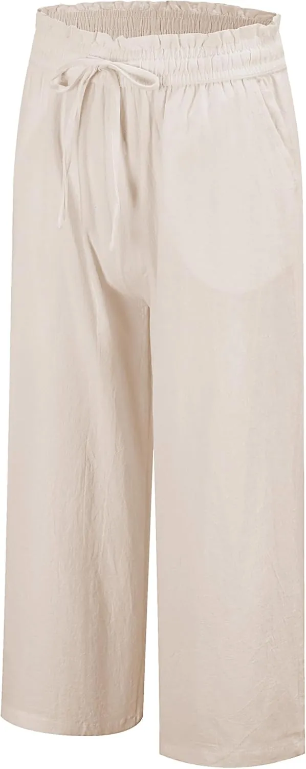 LNX Womens Linen Pants High Waisted Wide Leg Drawstring Casual Loose Trousers with Pockets