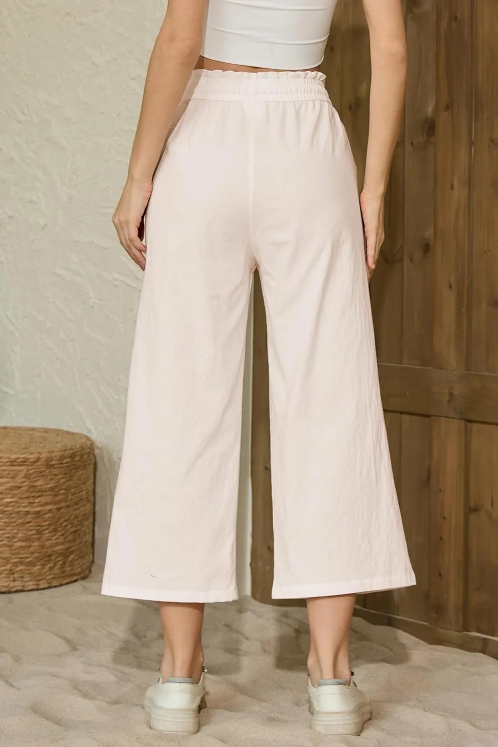 LNX Womens Linen Pants High Waisted Wide Leg Drawstring Casual Loose Trousers with Pockets