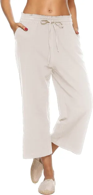 LNX Womens Linen Pants High Waisted Wide Leg Drawstring Casual Loose Trousers with Pockets