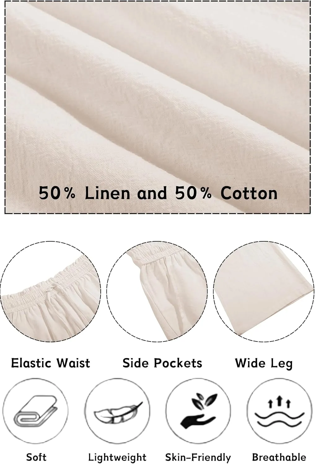 LNX Womens Linen Pants High Waisted Wide Leg Drawstring Casual Loose Trousers with Pockets