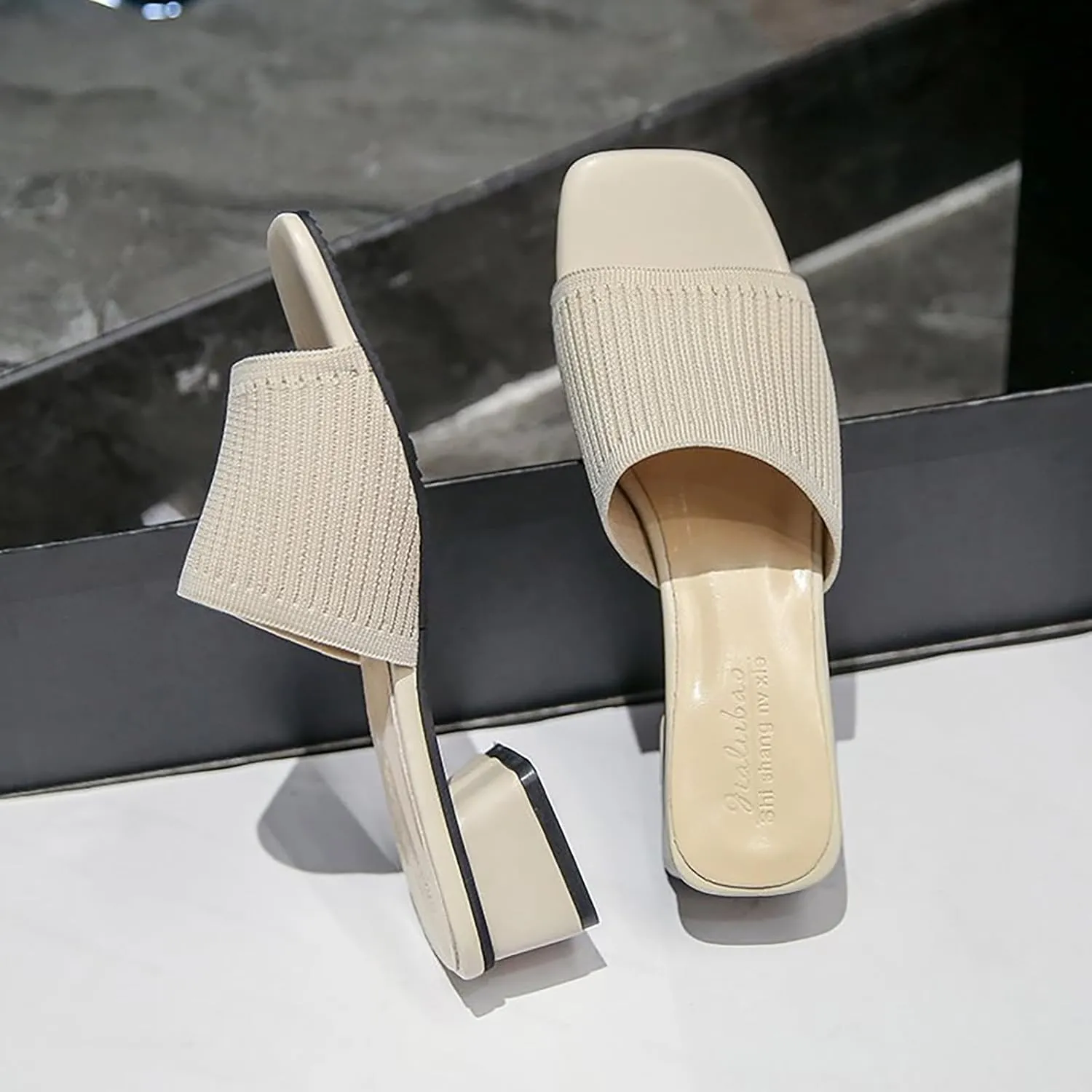 Low Heel Sandals for Women Square Open Toe Heel Mules Chunky Block Low Heel Slip On Slides Fish Mouth Open Toe Slip-on Slipper Casual Holiday Party Sandals