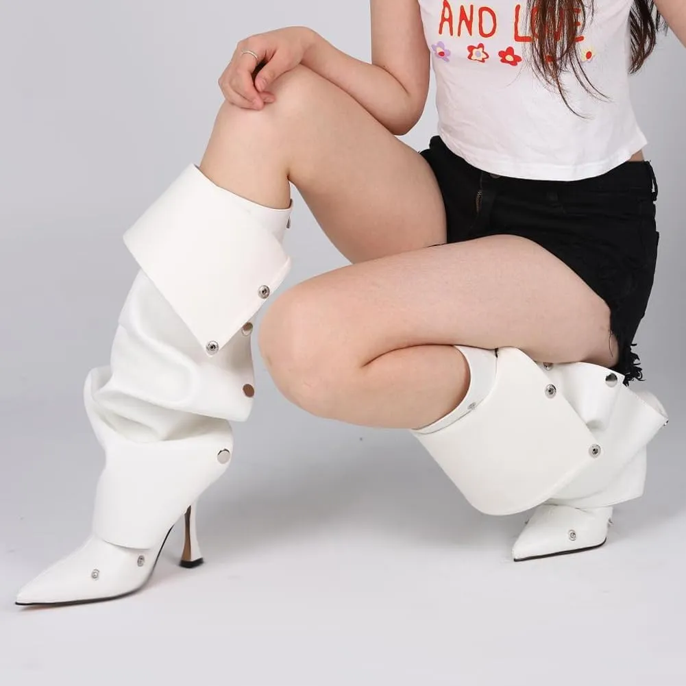 Mattiventon Women's Stiletto Knee High Boots Slouchy High Heel Boots Pointed Toe Boot with Zipper Fashion Slouchy Ruched Boot