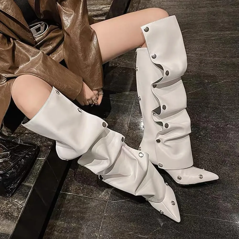 Mattiventon Women's Stiletto Knee High Boots Slouchy High Heel Boots Pointed Toe Boot with Zipper Fashion Slouchy Ruched Boot