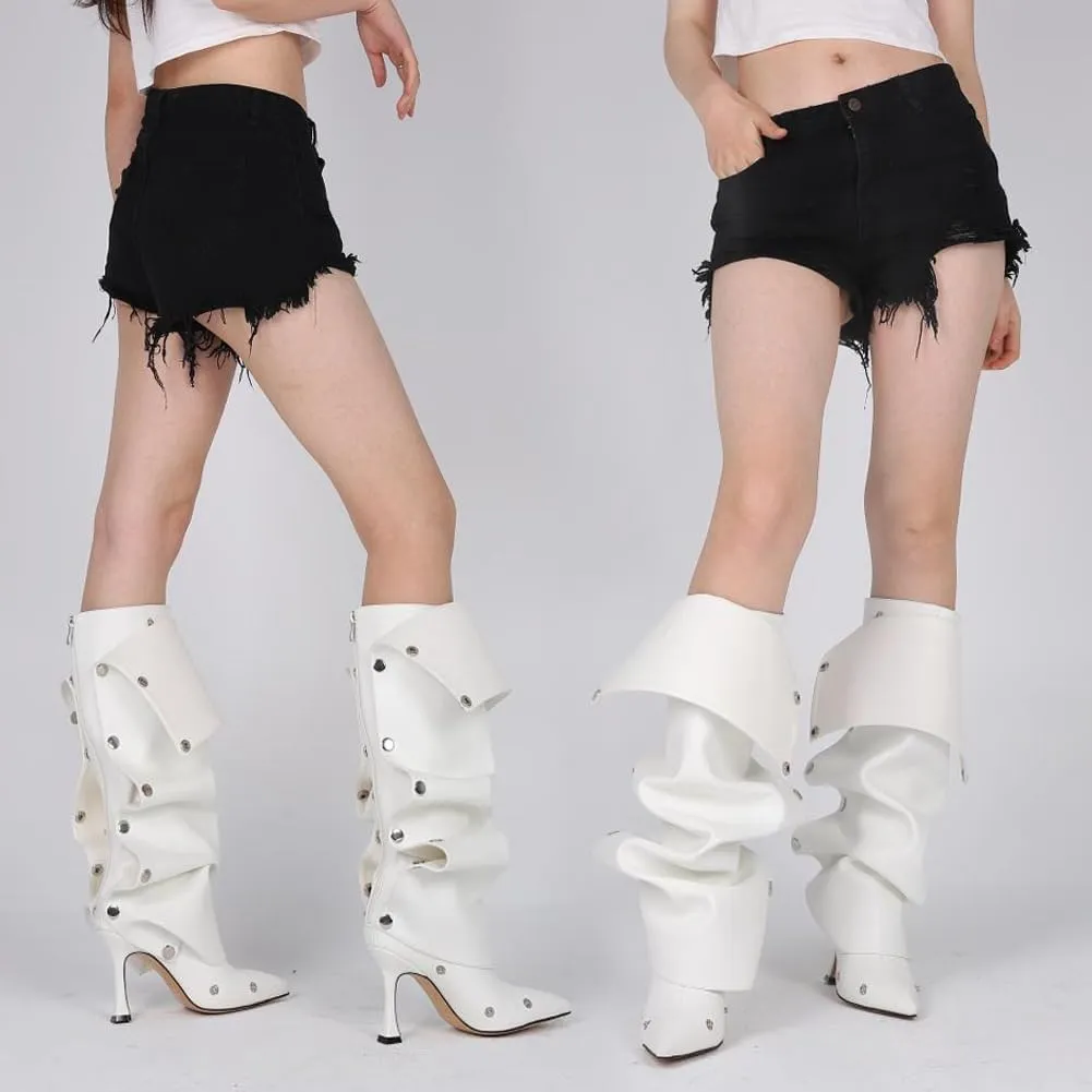 Mattiventon Women's Stiletto Knee High Boots Slouchy High Heel Boots Pointed Toe Boot with Zipper Fashion Slouchy Ruched Boot